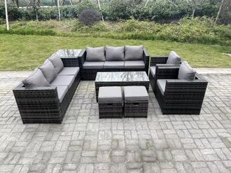 Fimous Outdoor Rattan Garden Furniture Lounge Sofa Set With Oblong Rectagular Coffee Table in Dark Grey