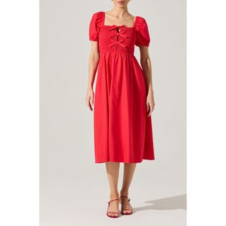 ASTR the Label Bow Detail Smock Bodice Cotton Blend Dress in Red at Nordstrom Rack, Size Small