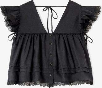 Ganni Black Blouse in Linen - Size 10/12