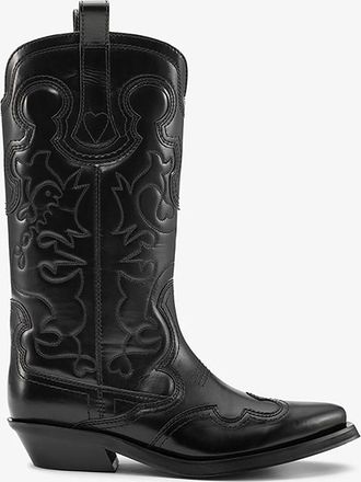 Ganni Black Mid Shaft Embroidered Western Boots in
