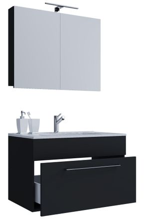 ebuy24 Ebuy24 - Vcm 3 Pcs Lavabo Lavabo Inferior Gabinete Ancho 60 Cm Juego De Muebles De Ba&ntilde;o Colgando Con Un Caj&oacute;n Espejo Gabinete Badinos (negro)