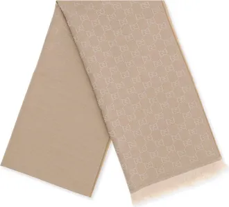 Gucci Womens Gg Supreme Embroidered Wool Scarf Camel-Ivory Ovis Aries Camel/ivory Scarfs