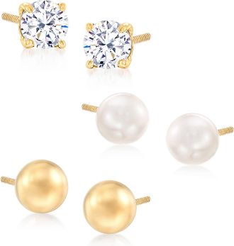 Ross-Simons Childs Jewelry Set:. Cz, Cultured Pearl and 14kt Yellow Gold Stud Earrings