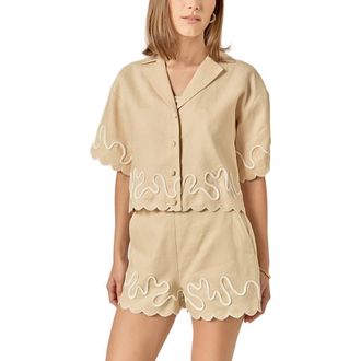 English Factory Wavy Embroidered Crop Linen Shirt in Beige/Off White at Nordstrom, Size X-Small