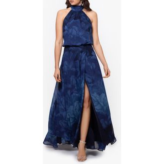 Betsy & Adam Tonal Floral Print Chiffon Gown in Navy/Blue at Nordstrom, Size 12