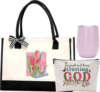 Generic Handbag Set, Personalized Canvas Tote Bag for Women With Insulated Stainless Steel Wine Tumbler and cosmetic bag, Gifts for Women, Mom, Teachers - 43C
