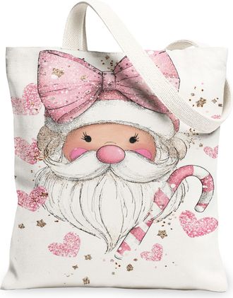 Generic Christmas Santa Canvas Tote Bags, Cute Holiday Character Pattern Reusable Grocery Bags, Vintage Lightweight Washable Canvas, White, 13x15 Inch