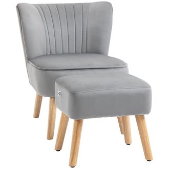 HOMCOM Velvet-Feel Accent Chair w/ Ottoman Tub Seat Padding Wood Legs Light Grey | TJ Hughes