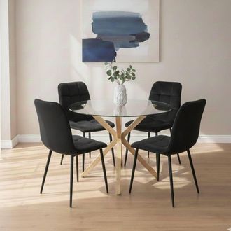 Kosy Koala Modern Round Glass Dining Table with 4 black velvet tufted Chairs