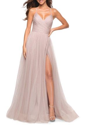 La Femme Rhinestone Tulle Ballgown with Slit and Lace Up Back in Mauve at Nordstrom, Size 10