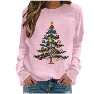 Generic Christmas Ugly Jumpers Women Christmas Tree Printed Jumper Novelty Fleece Long Sleeve Sweatshirt Oversized Pullover Tops Xmas Graphic Funny Sweater Wi