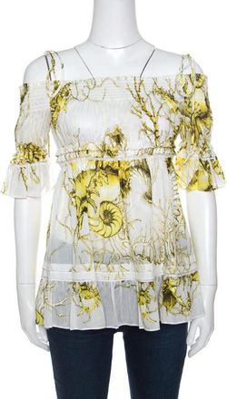 Roberto Cavalli White And Yellow Floral Printed Cotton Off Shoulder Blouse