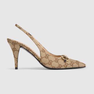 Gucci Womens Slingback Pump With Horsebit, Beige, Original GG Fabric