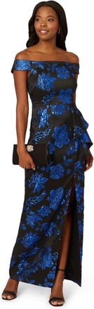 Adrianna Papell Womens Studio Off The Shoulder Draped Gown - Blue - Size 12 UK