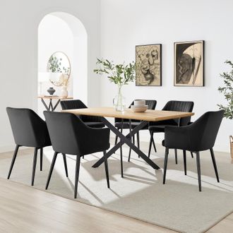 Furniturebox Leonardo Oak Effect Dining Table & 6 Calla Black Velvet Chairs in Brown