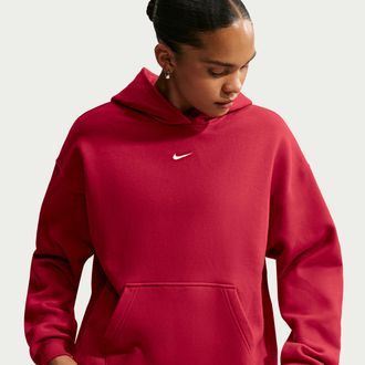 Nike Womens Studio Fleece Medium Weight Oversized Pullover Hoodie in Red | IM8502-608