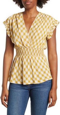 Max Studio Gingham Smocked Waist Flutter Blouse in Citron Yellow at Nordstrom Rack, Size X-Small