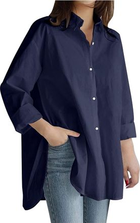 Generic Solid Colour Shirts for Women UK Long Sleeve Lapel Shirt Button Down Loose Ladies Blouses Lightweight Casual T Shirts Baggy Long Shirts Soft Overshirt