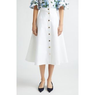 Carolina Herrera Button Front Stretch Cotton Sateen Midi Skirt in White at Nordstrom, Size 10