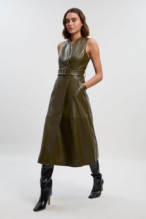 Karen Millen Womens Faux Leather Belted Sleeveless Dress - Green Nylon - Size 12 UK