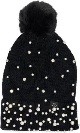 Nanette Lepore Scattered Embellished Faux Fur Pompom Beanie in Black at Nordstrom Rack