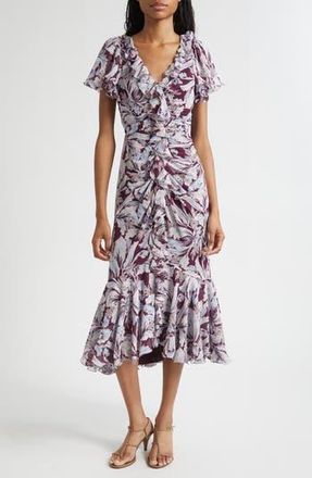 Cinq &agrave; Sept Clio Floral Ruffled Midi Dress in Deep Plum Multi at Nordstrom Rack, Size 6