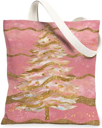 Generic Christmas Tree Canvas Tote Bags, Stylish Holiday Design Lightweight Washable Shoulder Strap Reusable Grocery Bags for Travel Beach Picnic 13x15 Inch