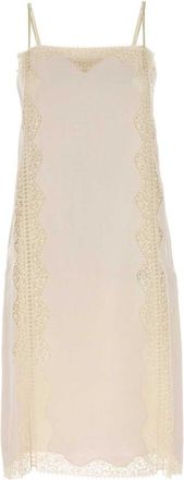 Prada White Lace-trimmed Linen Midi Dress