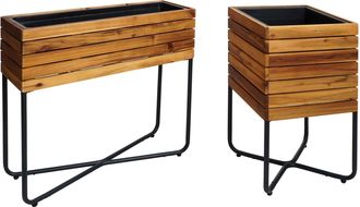 Hhg Nunca Usado] Lote De 2 Jardineras Hhg 586, Jardinera, Cuadrada Rectangular De Exterior De Acero Madera De Acacia Con Certificado Mvg, Marr&oacute;n