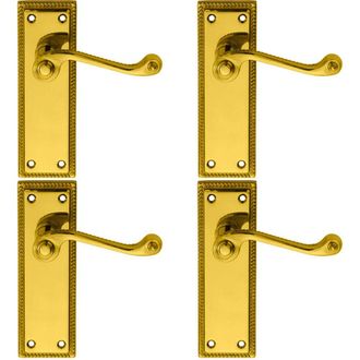 Loops 4x PAIR Reeded Design Scroll Lever on Latch Backplate 150 x 48mm Polished Brass in Metallics