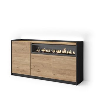 Skraut Home Aparador efecto madera roble y negro 156x37x80cm chimenea efecto fuego