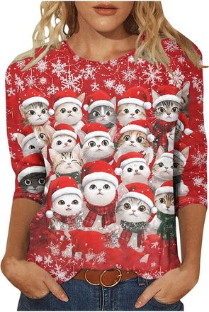 Generic Christmas Jumpers for Women Funny Christmas Sweatshirt Women, 3D Snowman Print, Round Neck 3/4 Sleeve Oversized, Funny Animal Graphic Holiday Ladies X