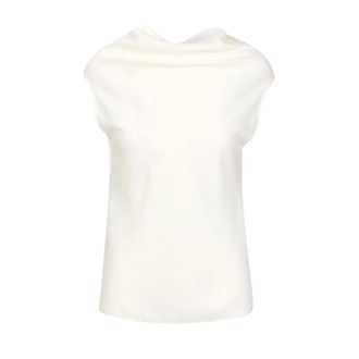 Philosophy di Lorenzo Serafini Tops, Dames, Beige, M, Cr&ecirc;pe Jurk met Gedrapeerde Kraag