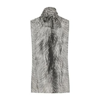 Dolce & Gabbana Sleeveless Tops, female, Gray, Size: L Fur Print Silk Chiffon Bow Top