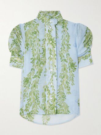 Thierry Colson Camicia In Voile Di Cotone Floreale Con Ruches Vita - Blu