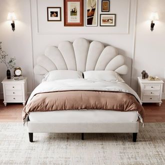 Merax 4ft6 Double Upholstered Bed with Adjustable Chic Petal Headboard in Beige