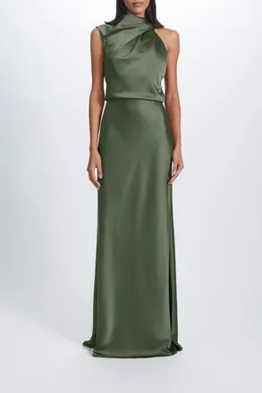 Amsale Fluid Satin Draped Neck Dress in Olive at Nordstrom, Size 16