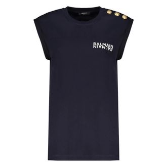 Balmain Sleeveless Tops, female, Blue, Size: S Cotton T-shirt With Logo