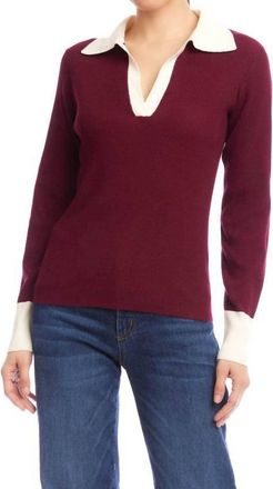 Karen Kane Contrast Ribbed Polo Sweater In Wine With Cream