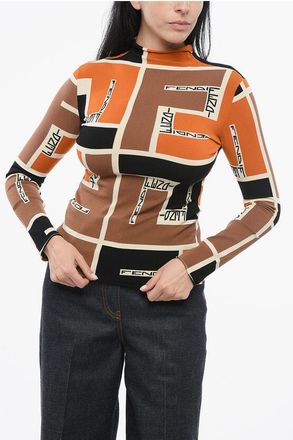 Fendi Stretch Fabric High-Neck Top with Monogram Pattern size 40
