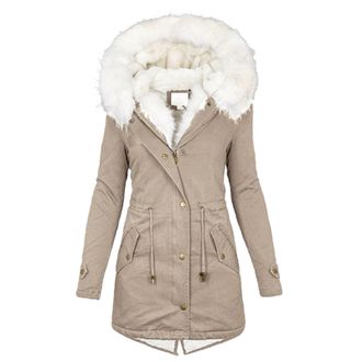 Generic Womens Winter Coats Thick Fleece Lined Warm Trimmed Hooded Parka Coats Hooded Long Parka Jackets Zip Up Outerwear Coat Fleece Lined Ladies Outdoor Hoo