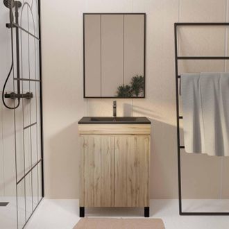 Aurlane Mueble De Ba&ntilde;o 60 Acabado Roble 2 Puertas - Lavabo Negro Y Espejo - Timber