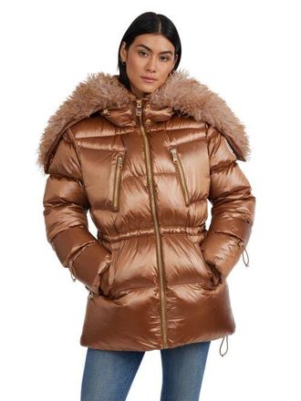 Pajar Electra Mid Puffer with Detachable shearling Lined Split Hood in Copper at Nordstrom, Size X-Small