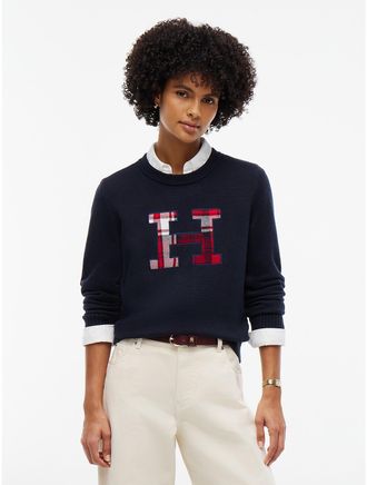 Tommy Hilfiger Womens Plaid Monogram Crewneck Sweater - Navy - XXL