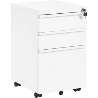 Beliani Storage Cabinet White Steel 3 Drawers with Plastic Wheels Key-Locked Modern Office RECAMI