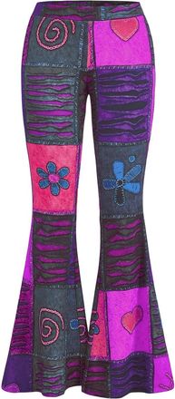 Generic High Waisted Flared Trousers Leggings For Women Patchwork Print Retro Boho Heart Flower Pattern Training Pants Relaxed Fit Flared Casual Pants Stylish