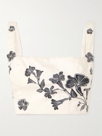 Agua Bendita Crop Top In Lino Con Ricami E Applicazioni Cacao Guayacan - Crema