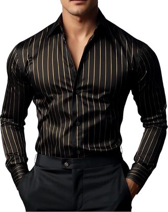Generic Mens Black & Gold Striped Long Sleeve Shirt - Satin Slim Fit Button Down Up Shirt, Stylish Smart Casual Shirt for Business, Parties & Everyday Wear (B