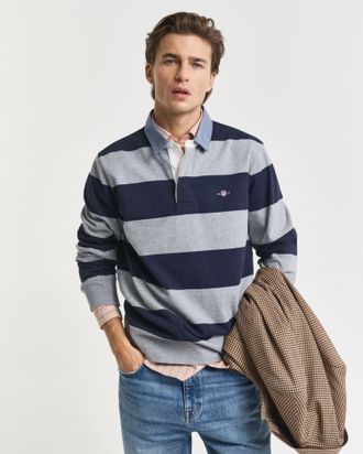 GANT Langarm-Poloshirt GANT REG CHAMBRAY STRIPE HEAVY RUGGER, Herren, Gr. 4XL, grau melange, Jersey, Obermaterial: 100% Baumwolle, Shirts Langarm-Poloshirt