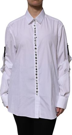 Dolce & Gabbana White Rhinestone Embellish Long Sleeves Womens Top (Pre-Owned)